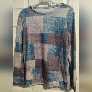 Woman's Long Sleeve Crew Neck Top Color Block Patchwork Size Medium